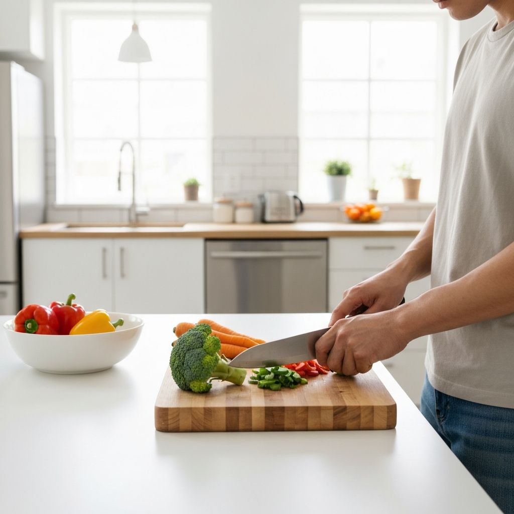 Person bereitet einfache Mahlzeiten in heller Küche zu