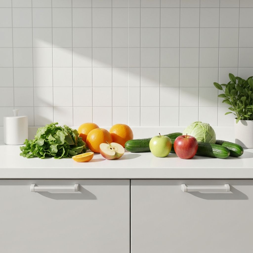 Frische Lebensmittel auf einem minimalistischen Küchentisch
