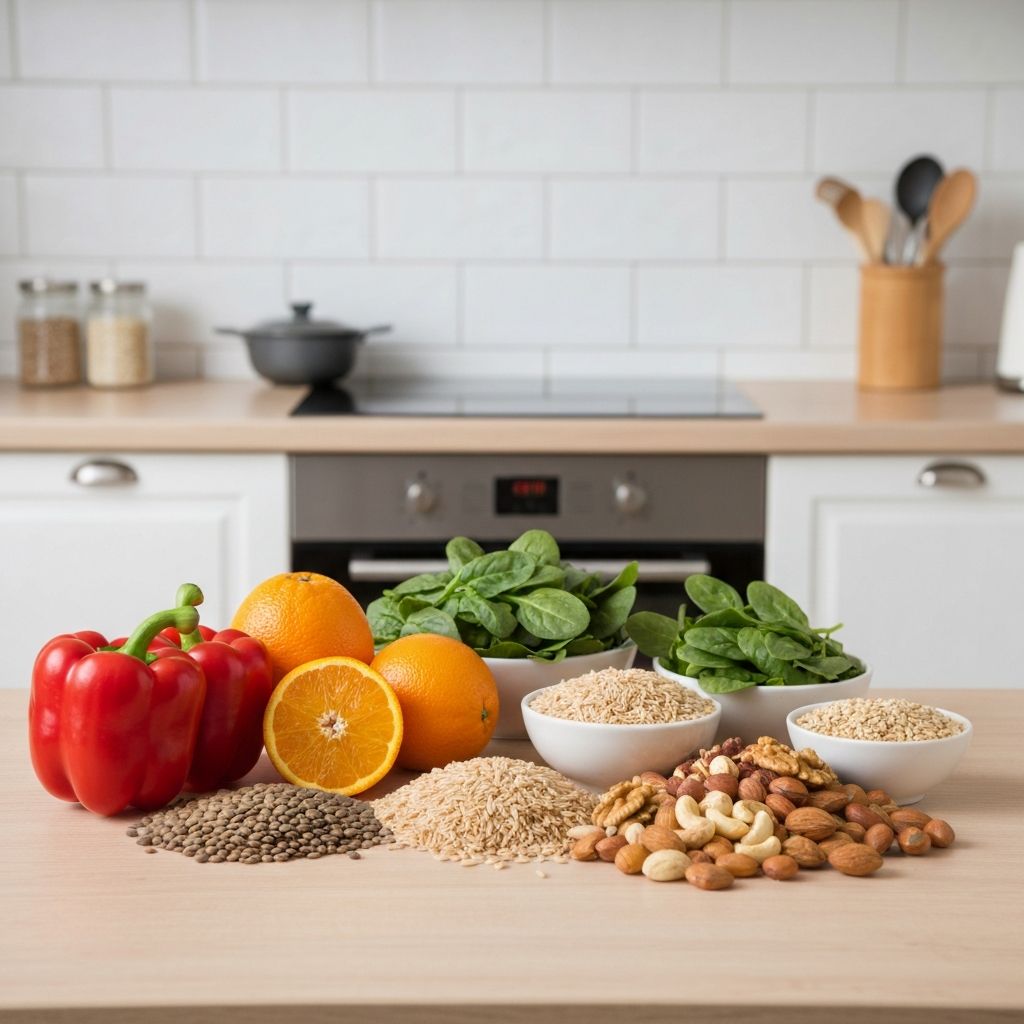 Vielfältige frische Lebensmittel auf einem Küchentisch arrangiert